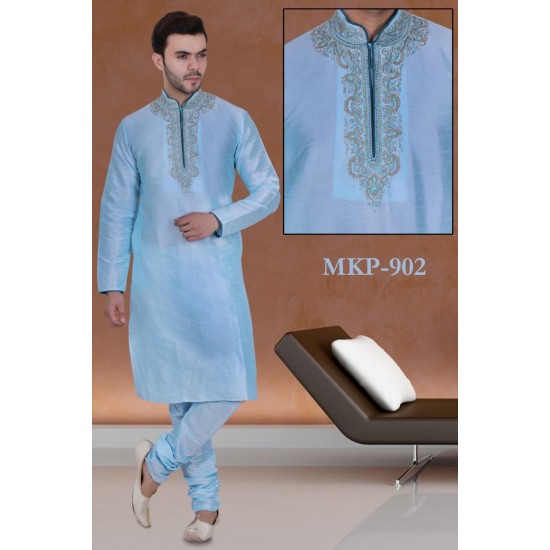 Men's  Blue Colour Art Silk Kurta Shalwar Kameez Pyjama Formal Wear Sherwani