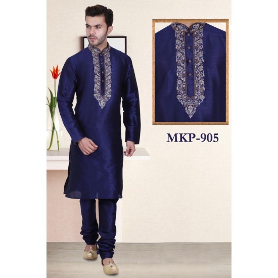 Men's  Navy Blue  Colour Art Silk Kurta Shalwar Kameez Pyjama Formal Wear Sherwani