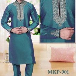 Men's  Teal Green Colour Art Silk Kurta Shalwar Kameez Pyjama Formal Wear Sherwani