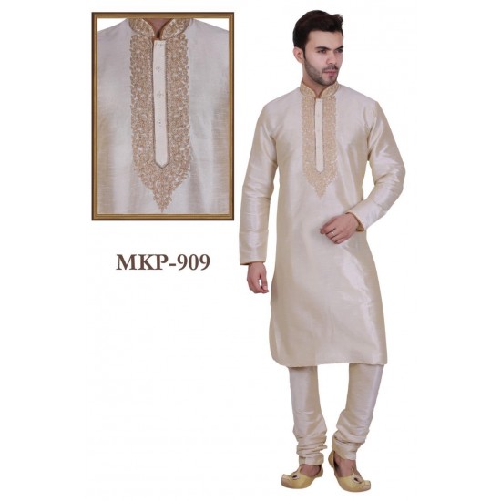 Men's  Gold Colour Art Silk Kurta Shalwar Kameez Pyjama Formal Wear Sherwani