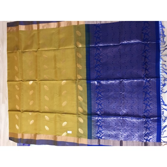 MUSTARD YELLOW  AND ROYAL BLUE COMBO SILK COTTON (SICO) SAREE 
