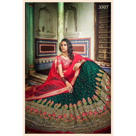 Green and  red Colour  Silk Wedding Wear Resham Work Lehenga Choli