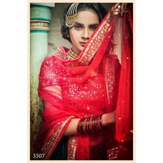 Green and  red Colour  Silk Wedding Wear Resham Work Lehenga Choli
