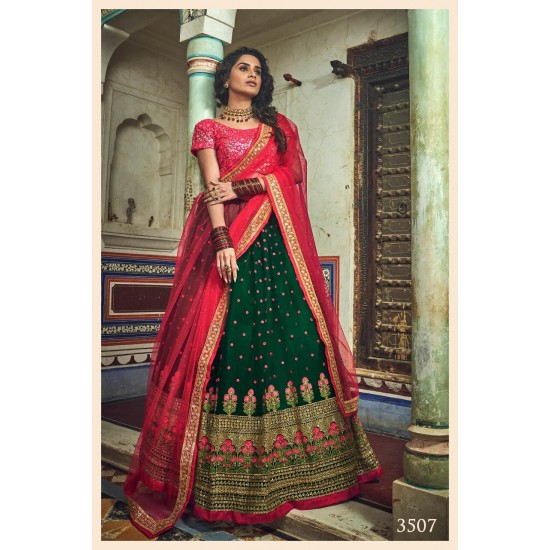 Green and  red Colour  Silk Wedding Wear Resham Work Lehenga Choli