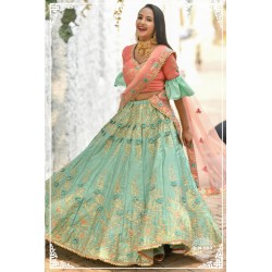 Green and  peach  Colour  Silk Wedding Wear Resham Work Lehenga Choli