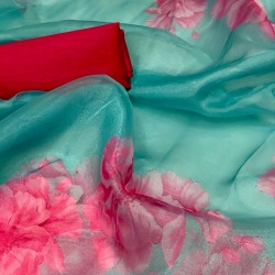 BLUE COLOUR  DIGITAL PRINT  ORGANZA SAREE 