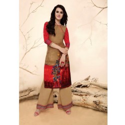 Sandalwood & Red Colour Printed Kurthi With Embroidered Plazzos
