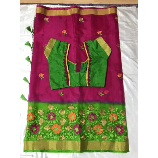Pink and Green Combo Embroidered Organza Saree