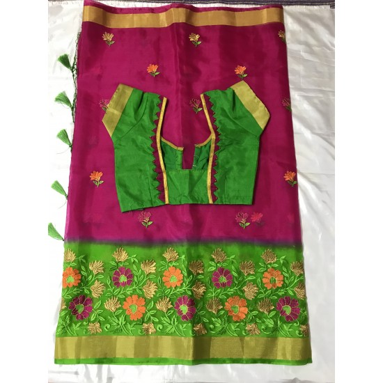 Pink and Green Combo Embroidered Organza Saree