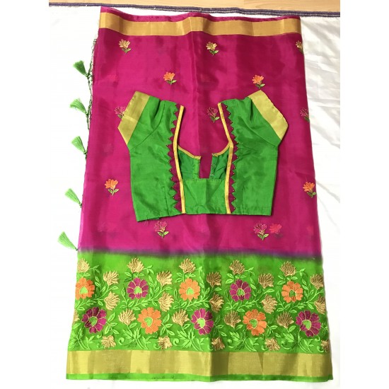Pink and Green Combo Embroidered Organza Saree