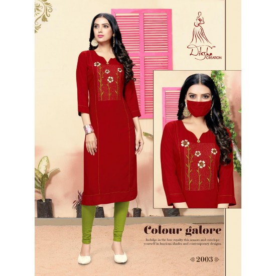 Rayon Embroidery  kurti with Matching Mask 